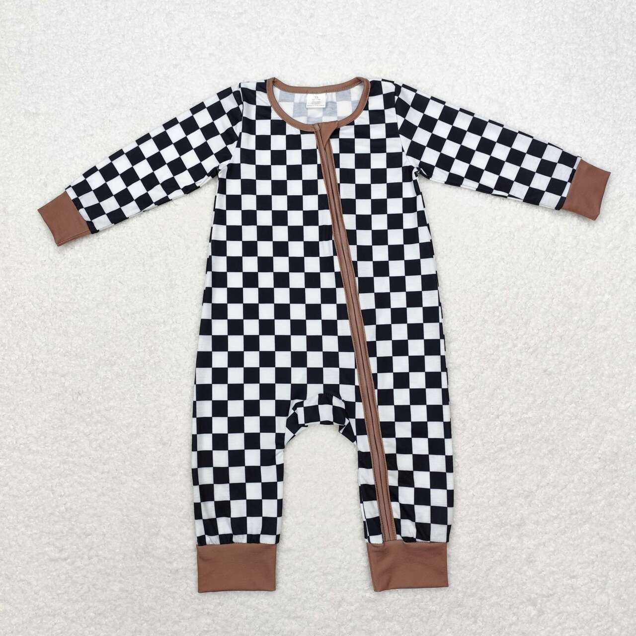 LR1436 Black Plaid Print Baby Fall Bamboo Sleeper Zipper Romper