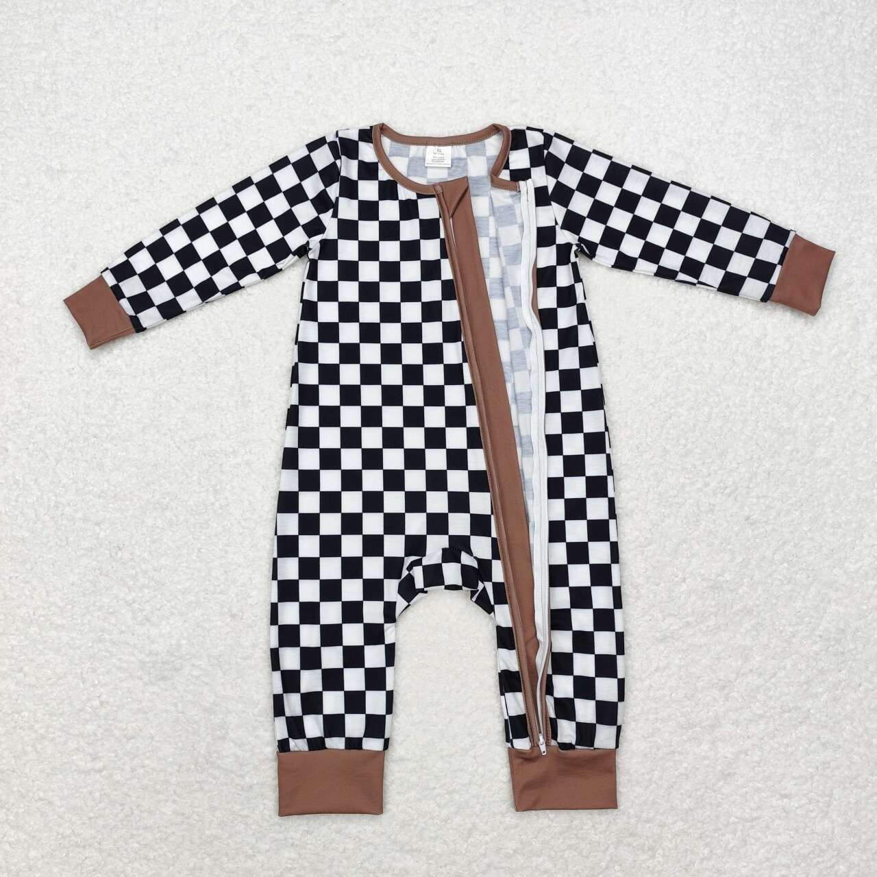 LR1436 Black Plaid Print Baby Fall Bamboo Sleeper Zipper Romper