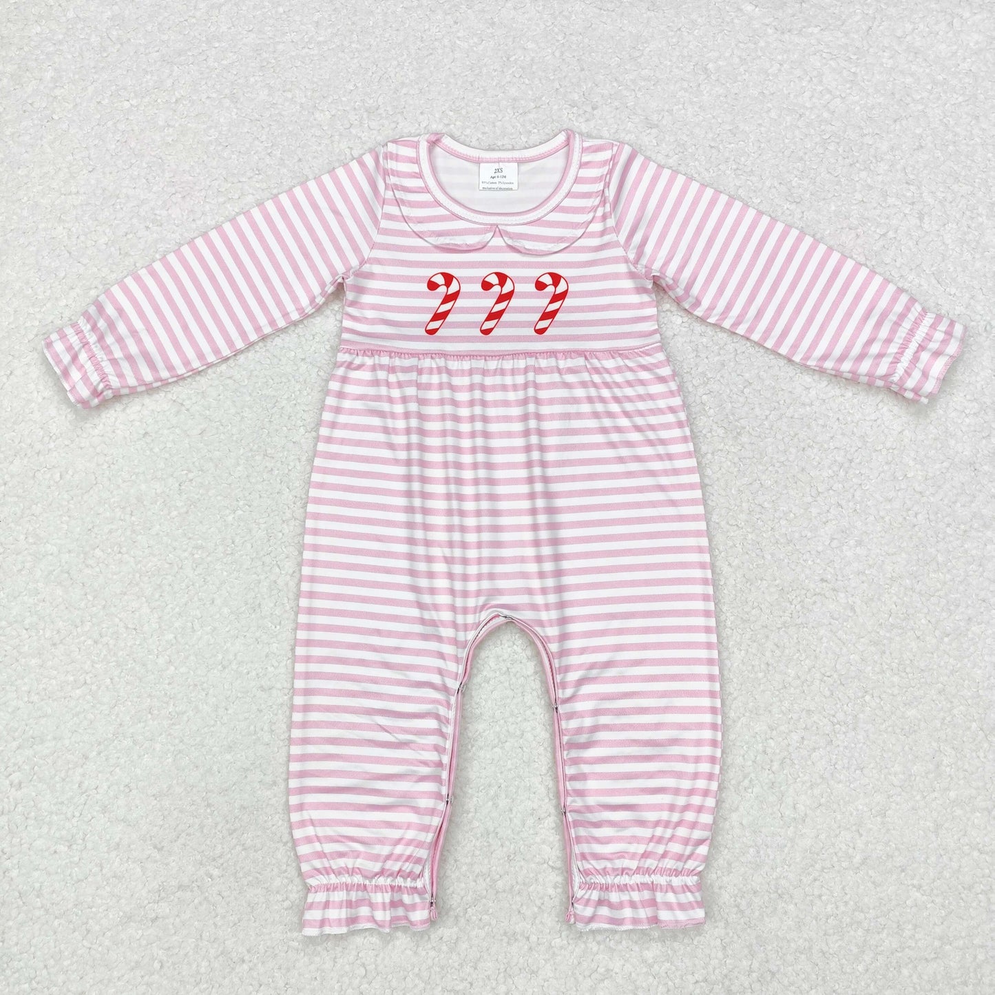 LR1441 Candy Cane Pink Stripes Print Baby Girls Christmas Romper