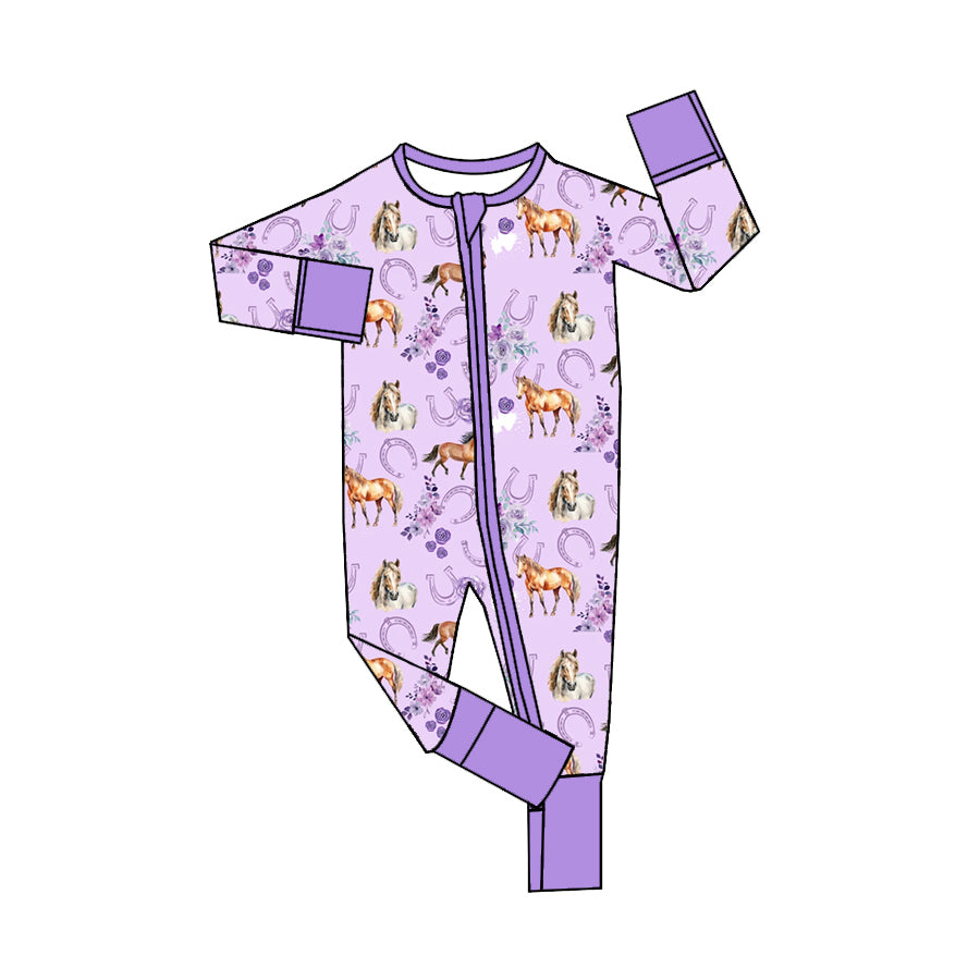 (Pre-order)LR1445 Horse Flowers Purple Print Baby Girls Fall Sleeper Zipper Romper