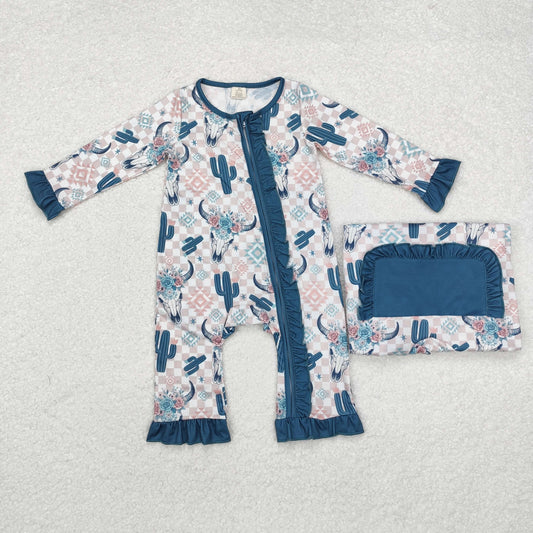 LR1446 Cow Skull Flowers Aztec Print Baby Girls Fall Bamboo Sleeper Zipper Romper