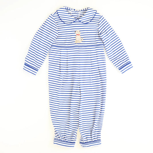 (Pre-order)LR1447 Dog Blue Stripes Print Baby Boys Fall Romper