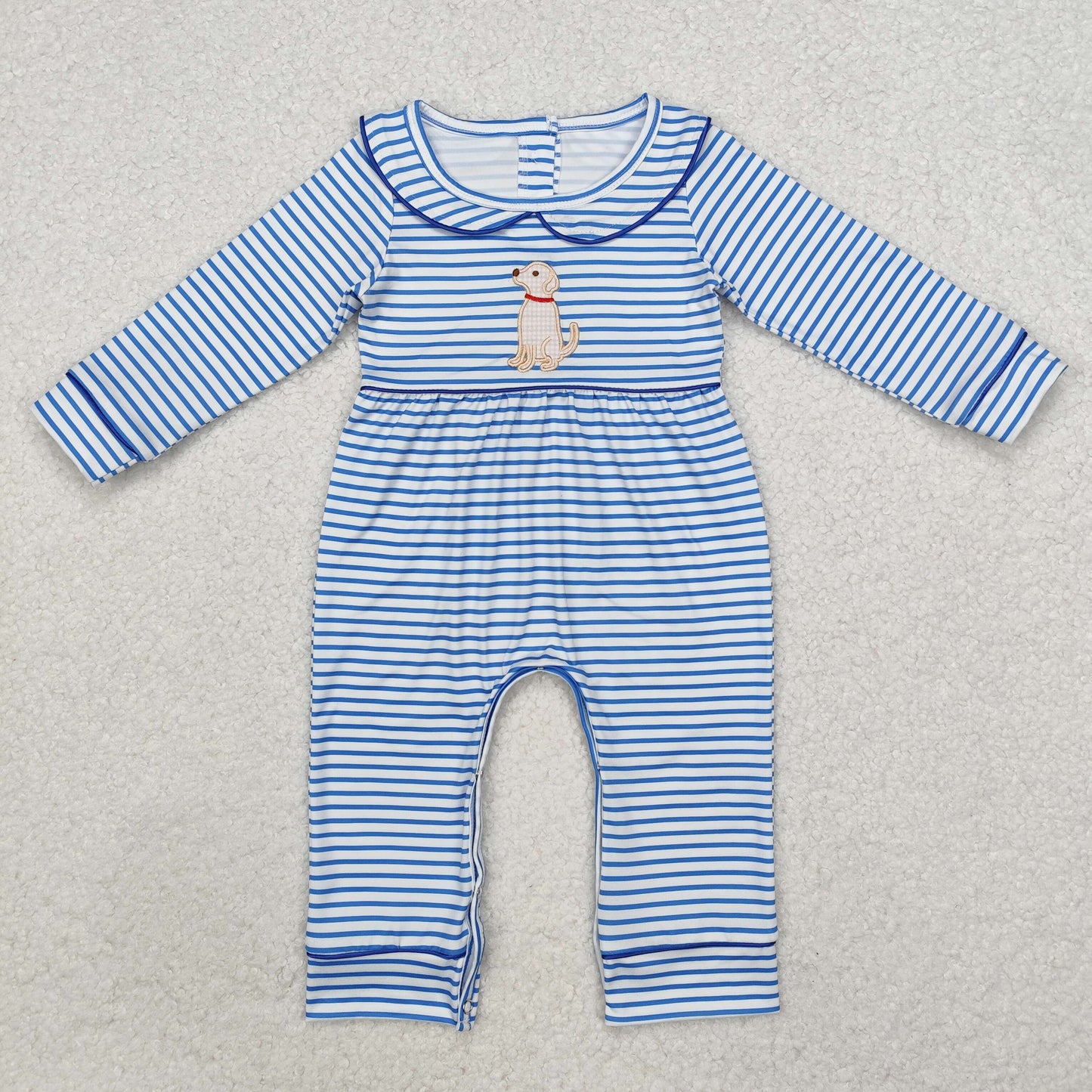 LR1447 Dog Embroidery Blue Stripes Print Baby Boys Fall Romper