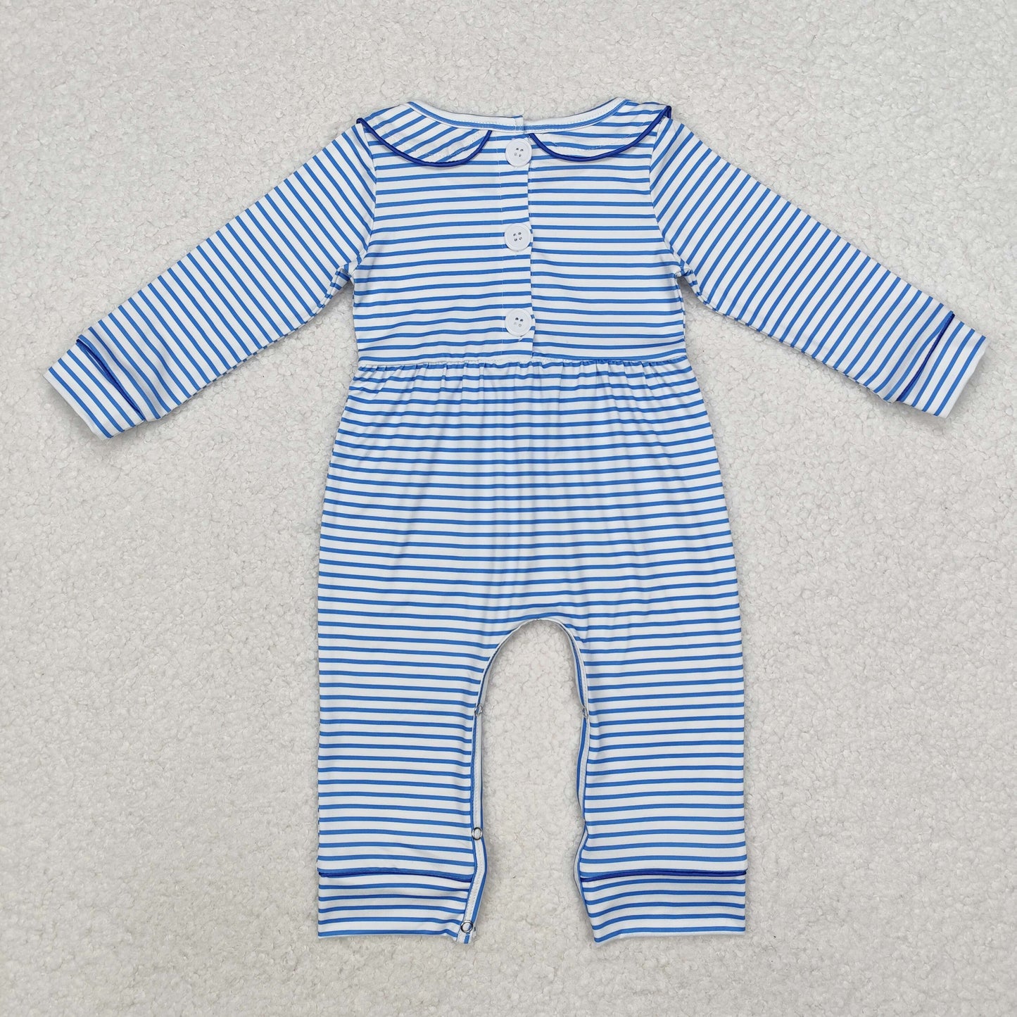 LR1447 Dog Embroidery Blue Stripes Print Baby Boys Fall Romper