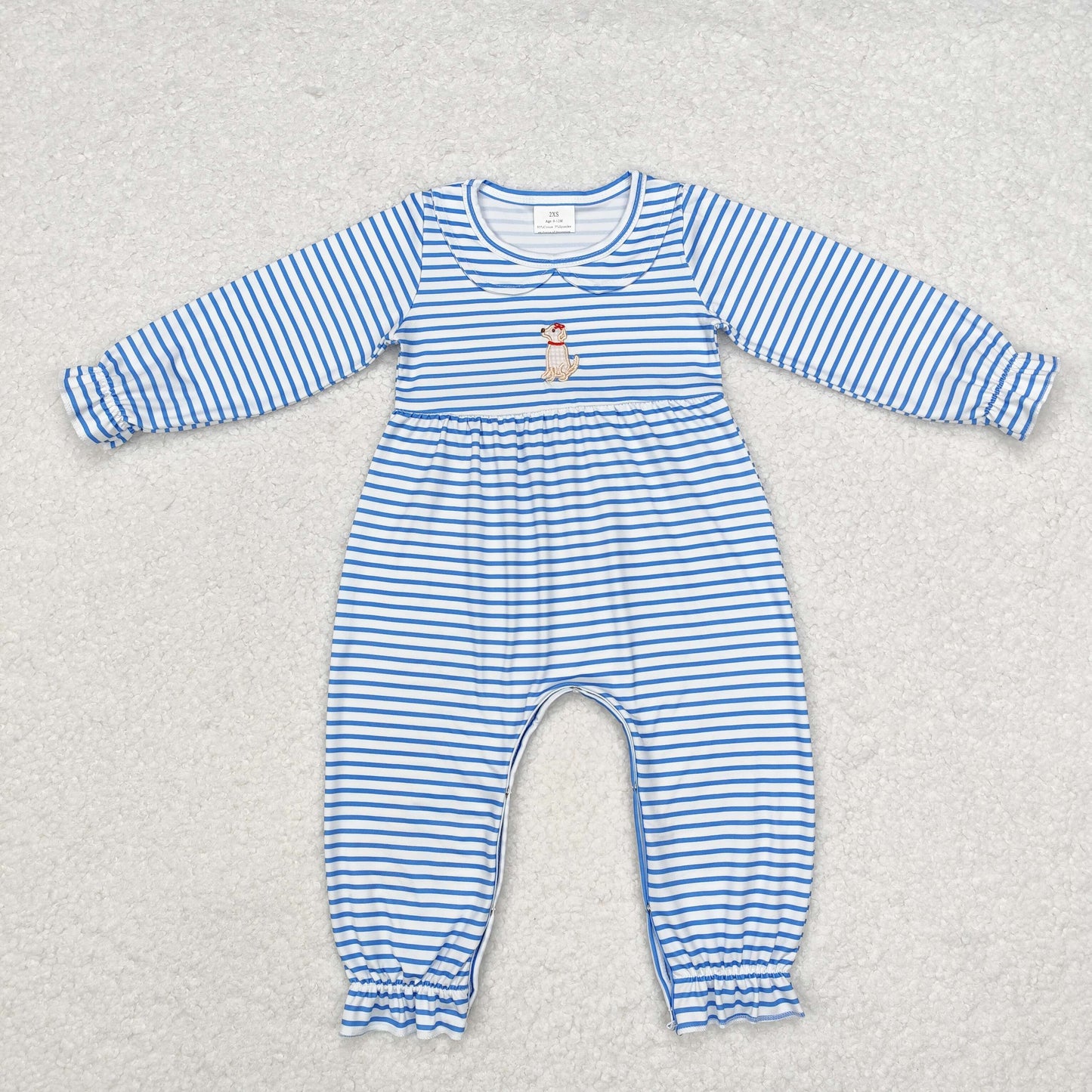 LR1448 Dog Embroidery Blue Stripes Print Baby Girls Fall Romper