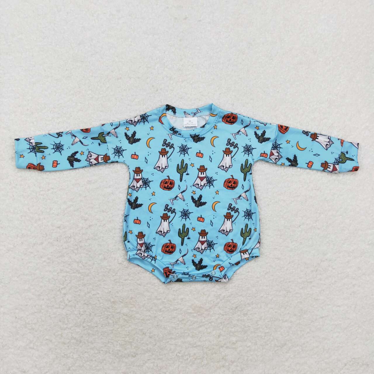 LR1449 Ghost Boo Cowboys Pumpkin Blue Print Baby Boys Halloween Romper