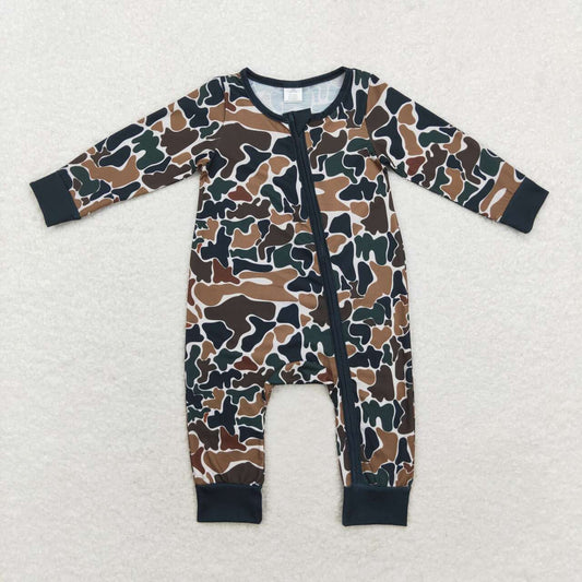 LR1453 Brown Camo Print Baby Fall Bamboo Sleeper Zipper Romper