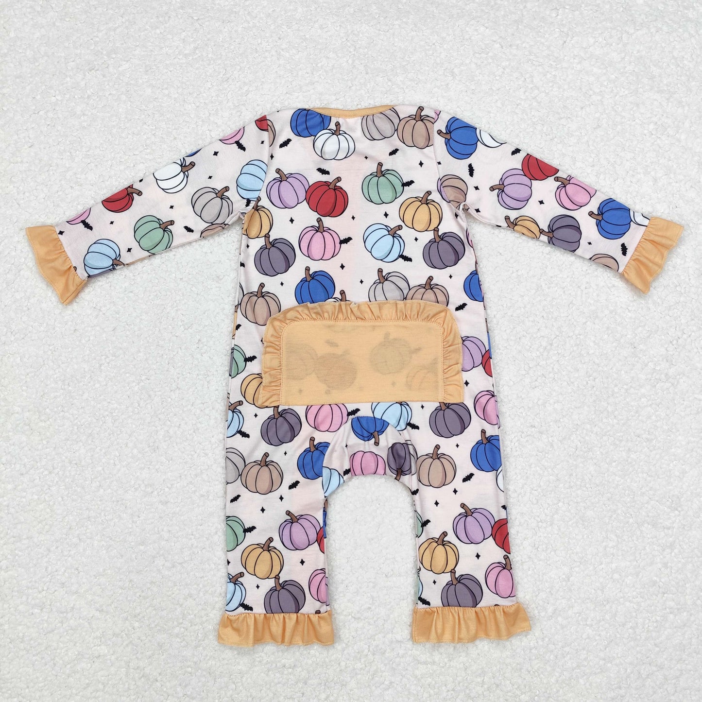 LR1455 Colorful Pumpkin Print Baby Girls Fall Sleeper Zipper Romper