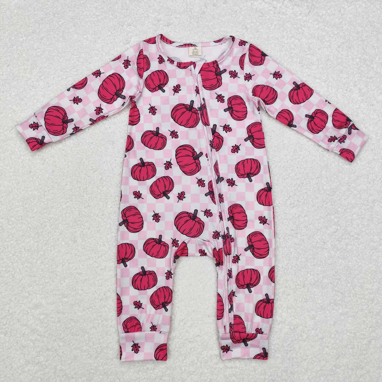 LR1456 Pink Pumpkin Print Baby Girls Fall Bamboo Sleeper Zipper Romper