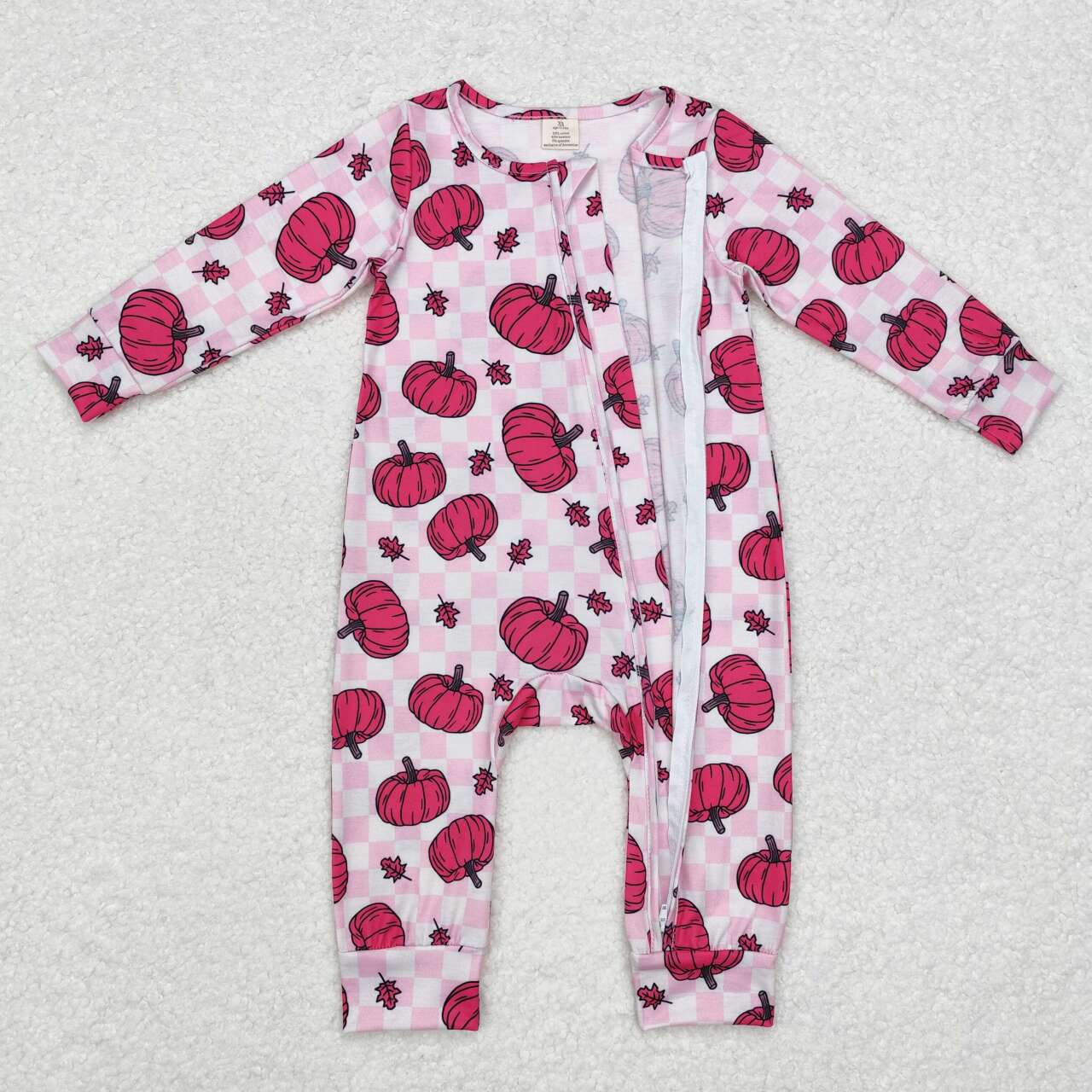 LR1456 Pink Pumpkin Print Baby Girls Fall Bamboo Sleeper Zipper Romper