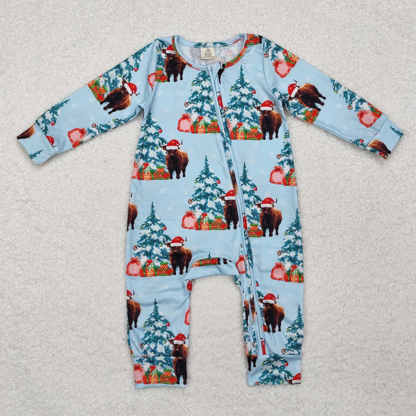 LR1459 Highland Cow Print Baby Christmas Bamboo Sleeper Zipper Romper