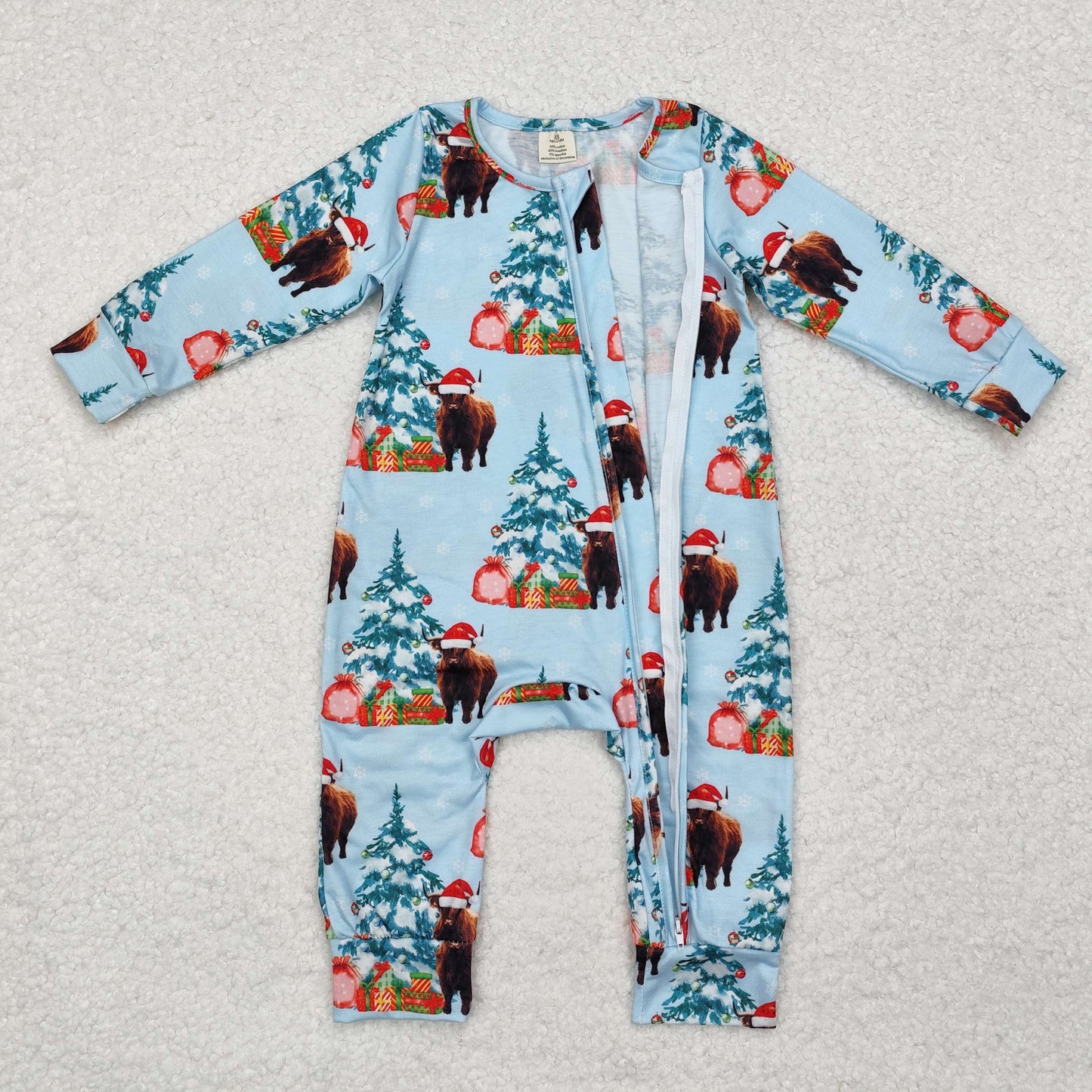 LR1459 Highland Cow Print Baby Christmas Bamboo Sleeper Zipper Romper