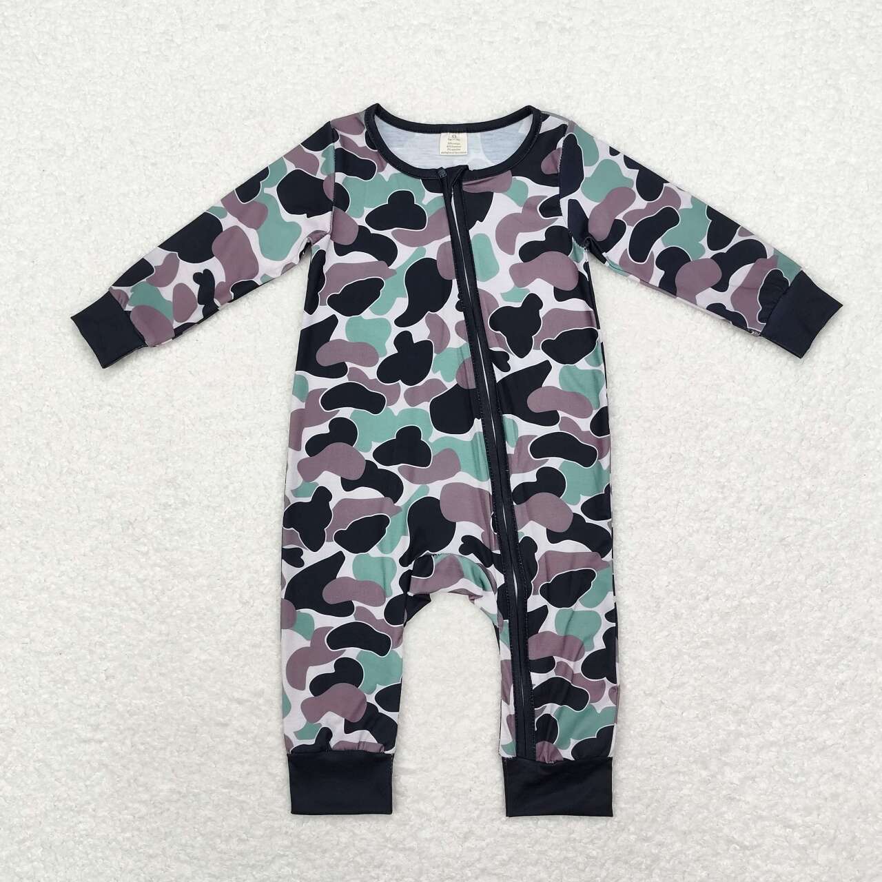 LR1460 Black Green Camo Print Baby Boys Fall Bamboo Sleeper Zipper Romper