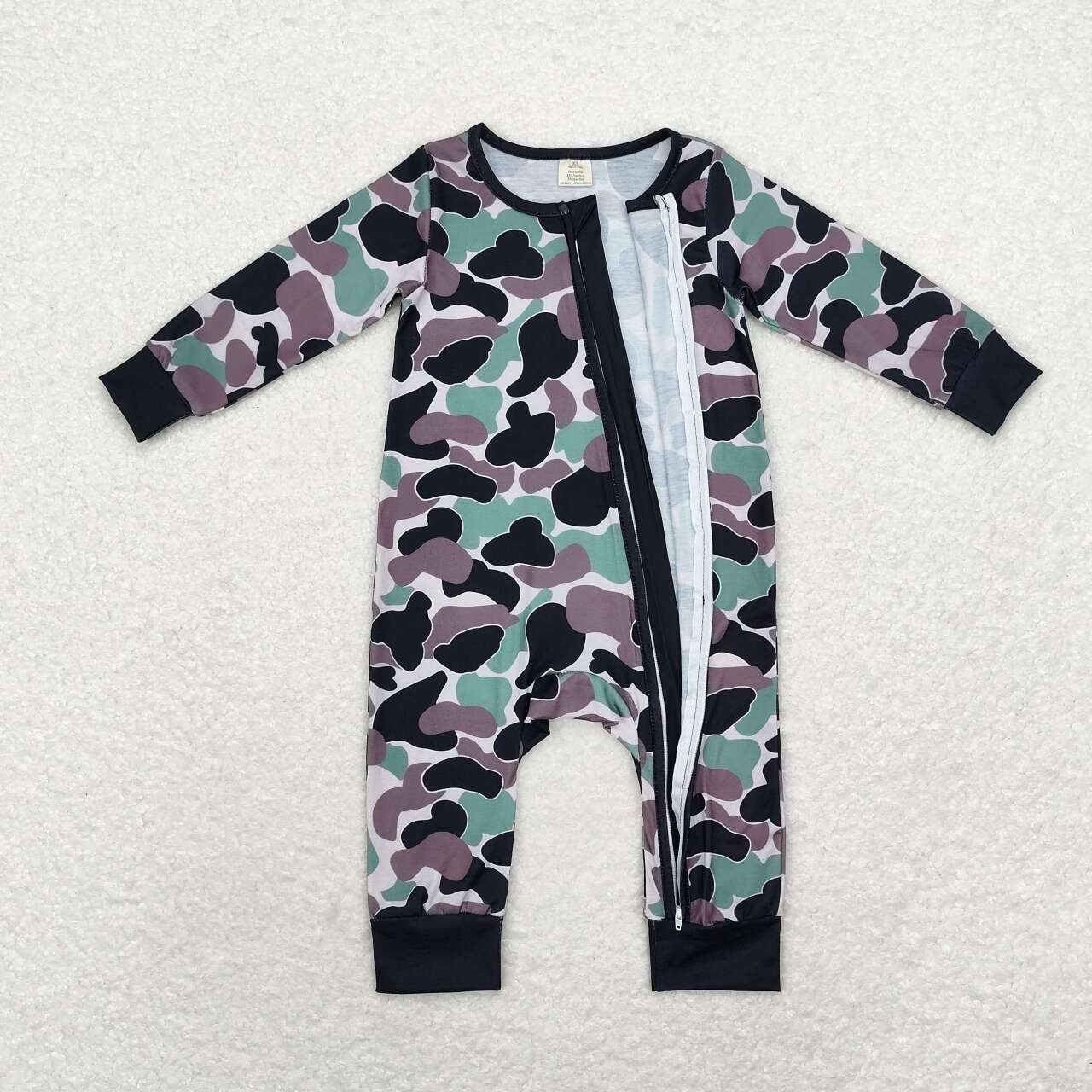 LR1460 Black Green Camo Print Baby Boys Fall Bamboo Sleeper Zipper Romper