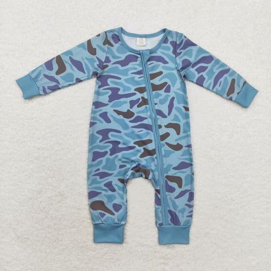 LR1462 Blue Camo Print Baby Boys Fall Bamboo Sleeper Zipper Romper