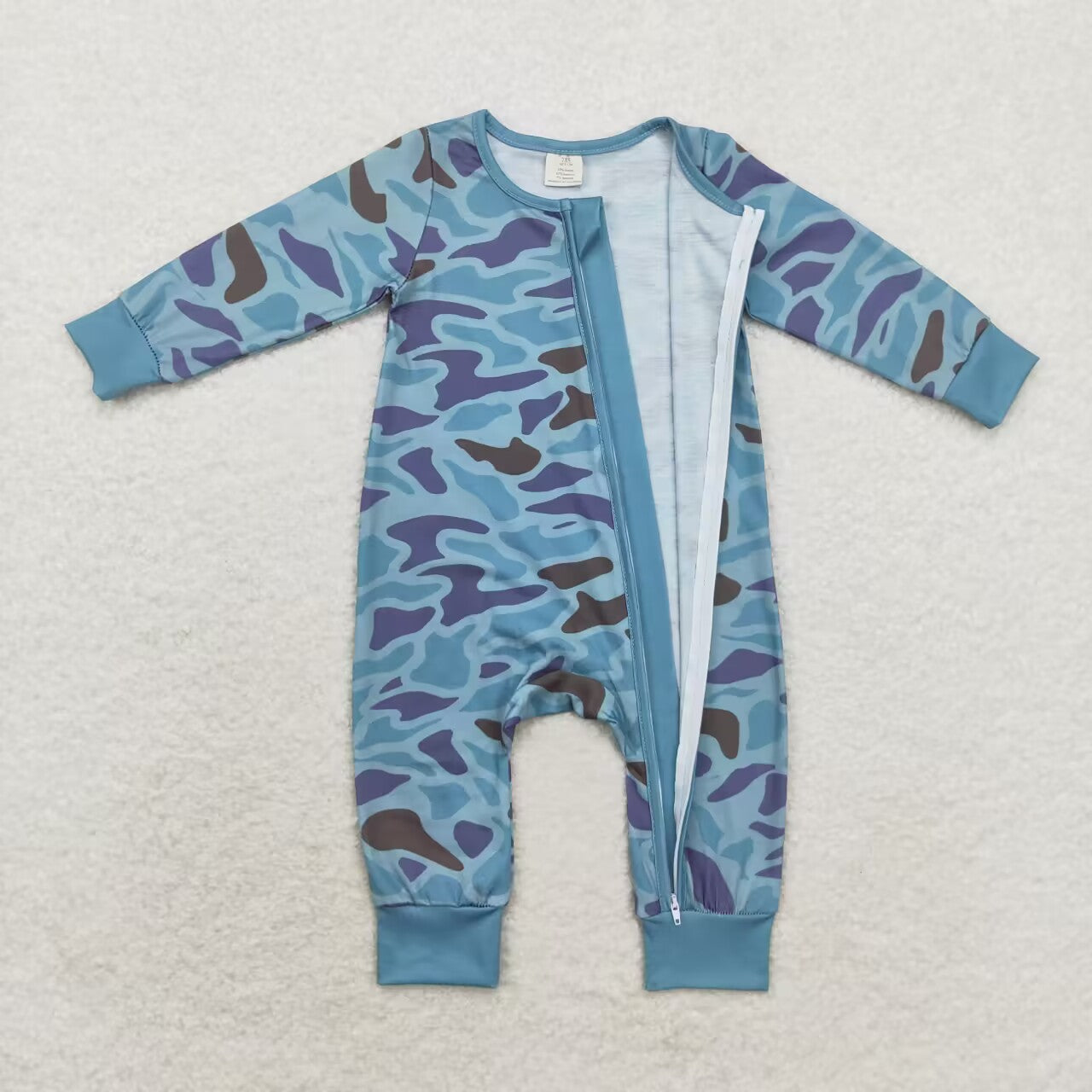 LR1462 Blue Camo Print Baby Boys Fall Bamboo Sleeper Zipper Romper