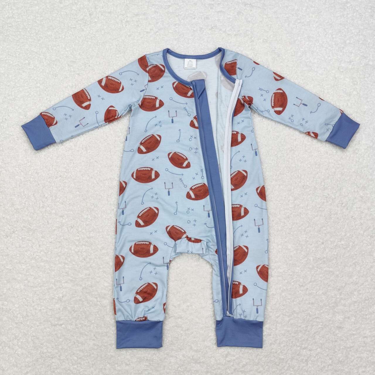 LR1463 Football Print Baby Boys Fall Bamboo Sleeper Zipper Romper