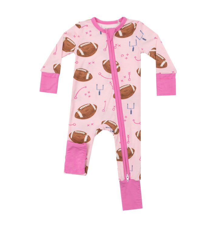 (Pre-order)LR1464 Football Pink Print Baby Girls Fall Sleeper Zipper Romper