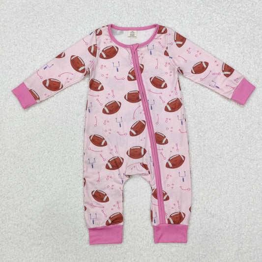 LR1464 Football Pink Print Baby Girls Fall Bamboo Sleeper Zipper Romper