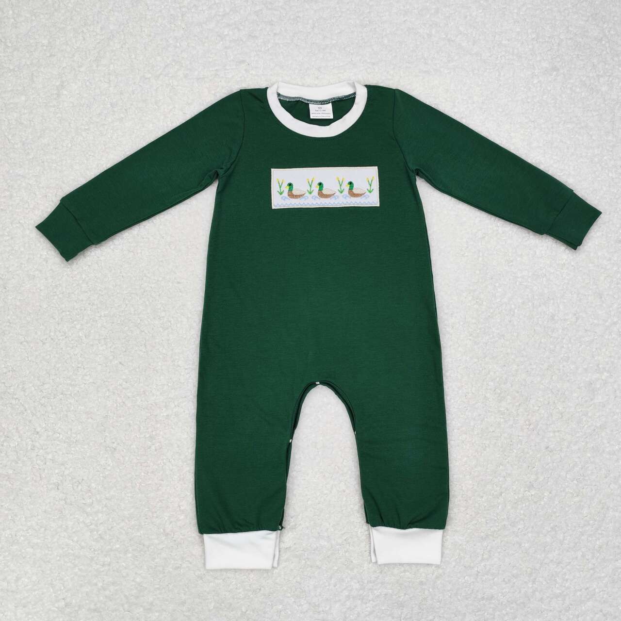 LR1465 Duck Embroidery Green Print Baby Boys Fall Romper