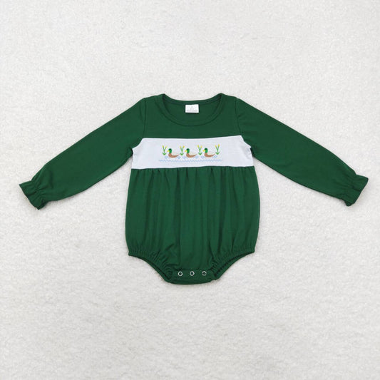 LR1466 Duck Embroidery Green Print Baby Girls Fall Romper