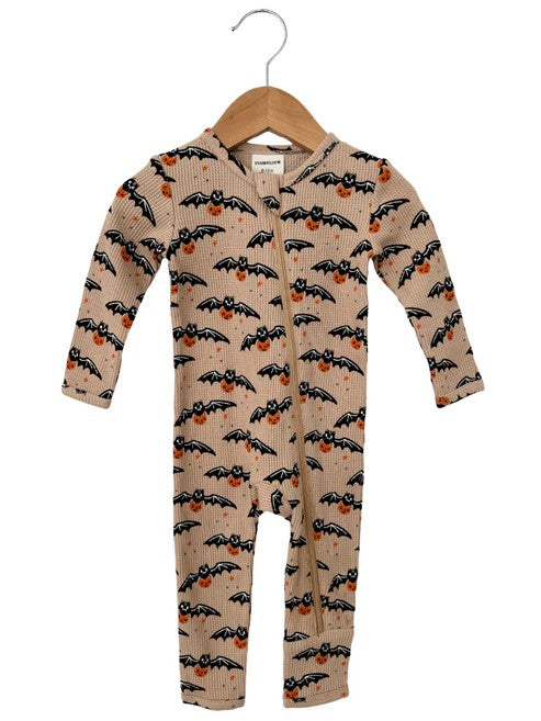 (Pre-order)LR1468 Bat Pumpkin Brown Print Baby Halloween Sleeper Zipper Romper