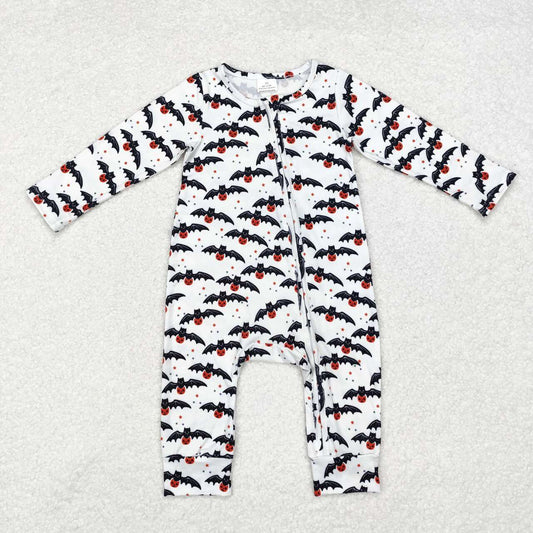 LR1469 Bat Pumpkin White Print Baby Halloween Sleeper Zipper Romper