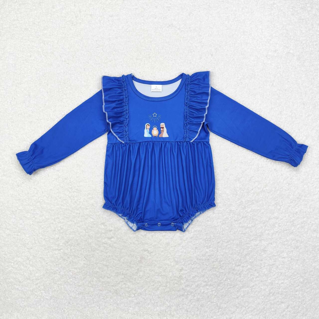 LR1473 Nativity Blue Print Baby Girls Christmas Romper