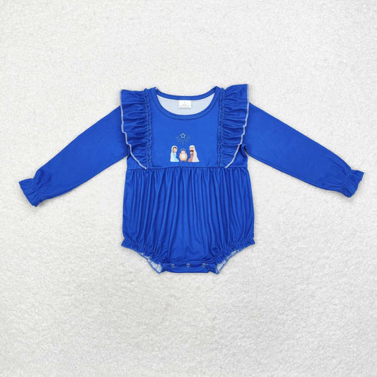 LR1473 Nativity Blue Print Baby Girls Christmas Romper