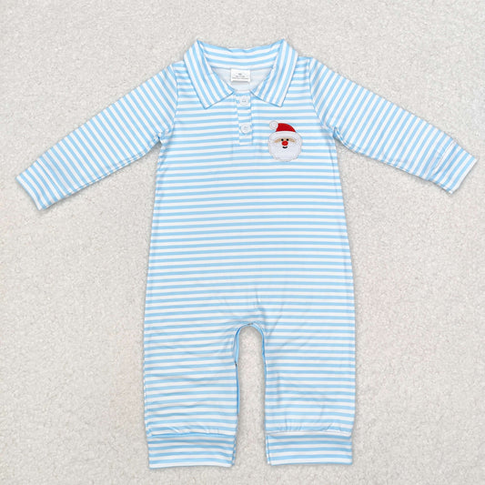 LR1475 Santa Embroidery Blue Stripes Print Baby Boys Christmas Romper