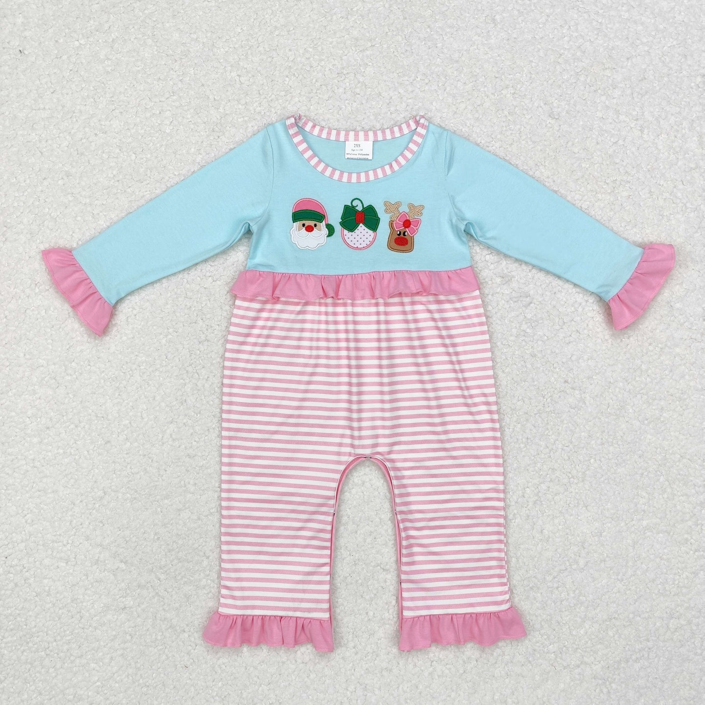 LR1476 Santa Deer Embroidery Stripes Print Baby Girls Christmas Romper