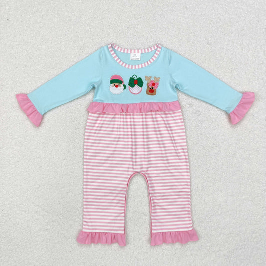 LR1476 Santa Deer Embroidery Stripes Print Baby Girls Christmas Romper