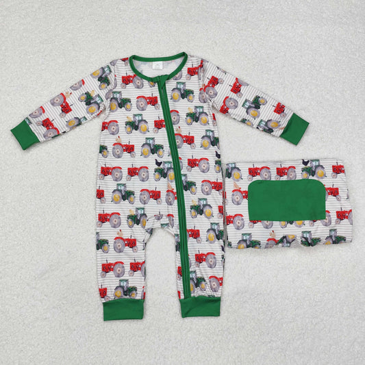 LR1480 Tractors Print Baby Boys Fall Bamboo Sleeper Zipper Romper