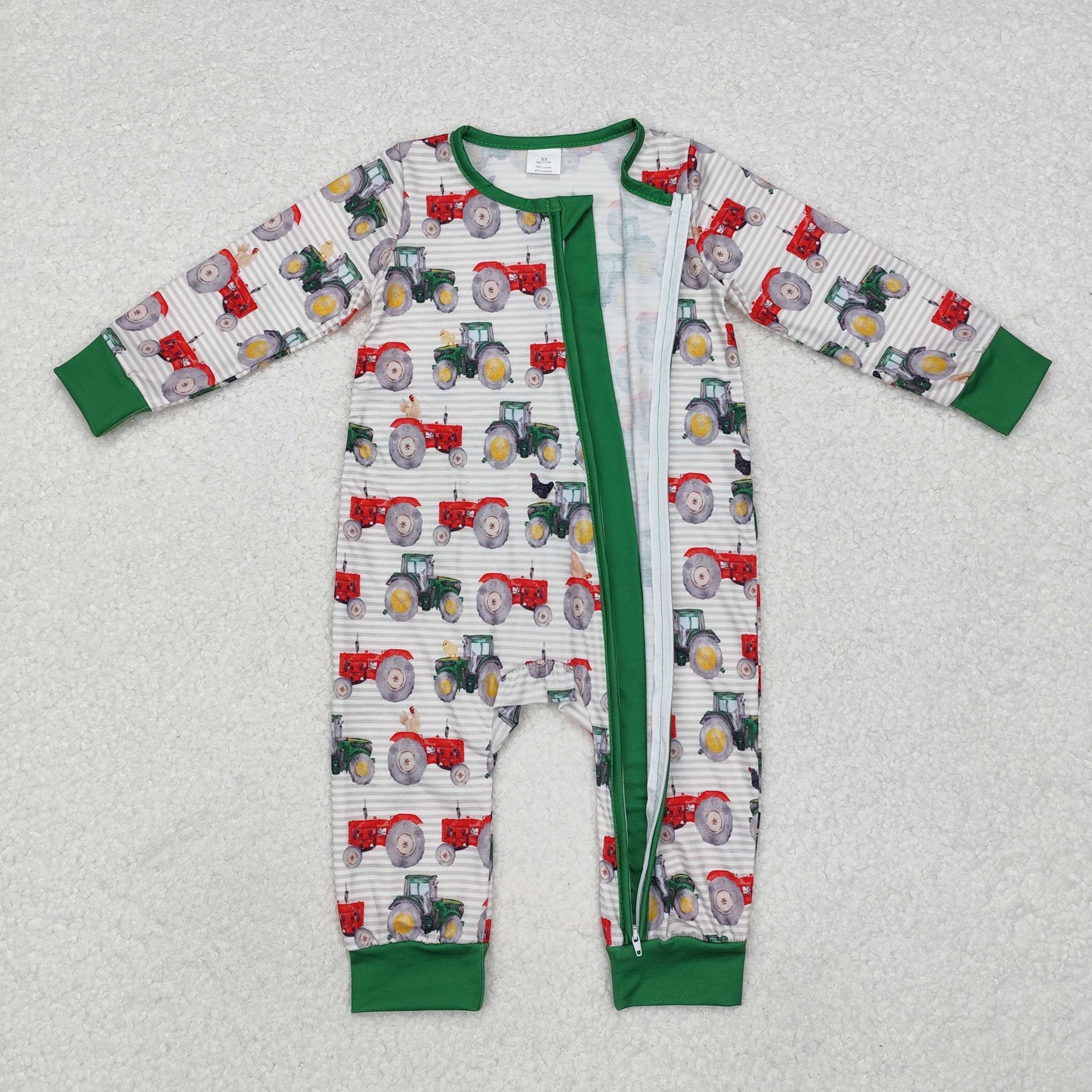 LR1480 Tractors Print Baby Boys Fall Bamboo Sleeper Zipper Romper