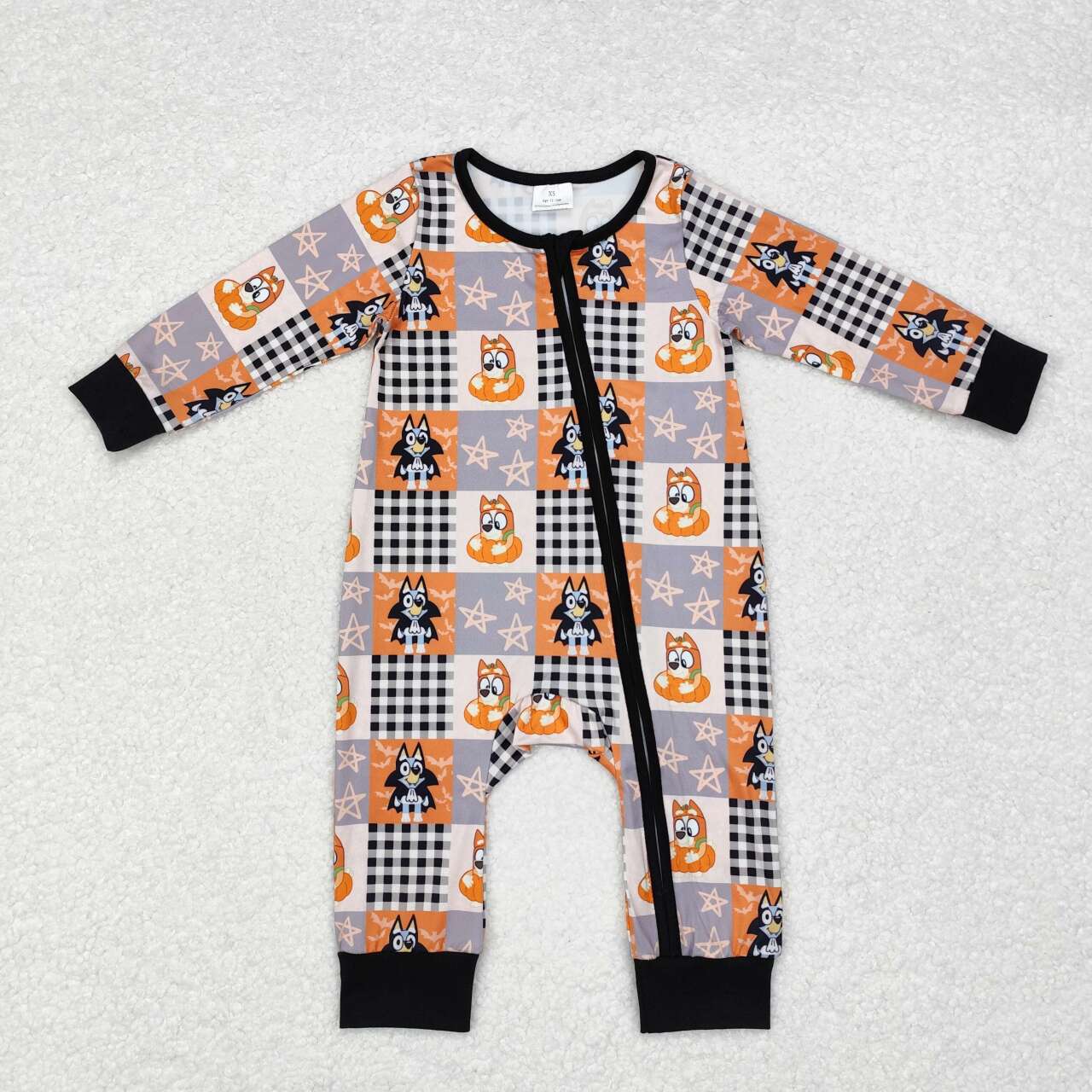 LR1484 Cartoon Dog Plaid Print Baby Boys Halloween Sleeper Zipper Romper