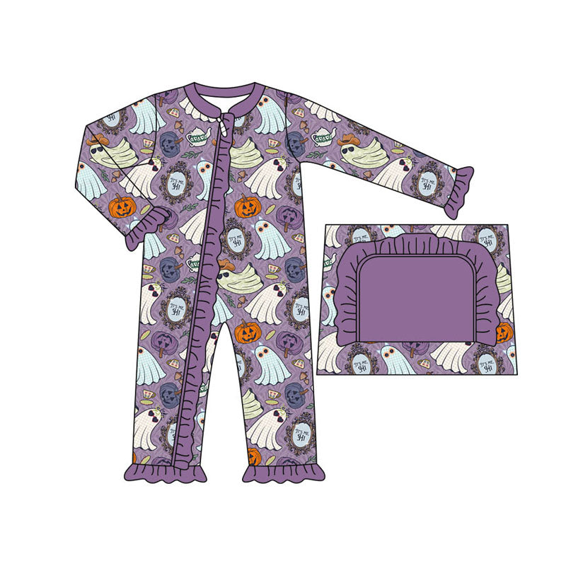 (Pre-order)LR1486 Ghost Pumpkin Purple Print Baby Girls Halloween Sleeper Zipper Romper