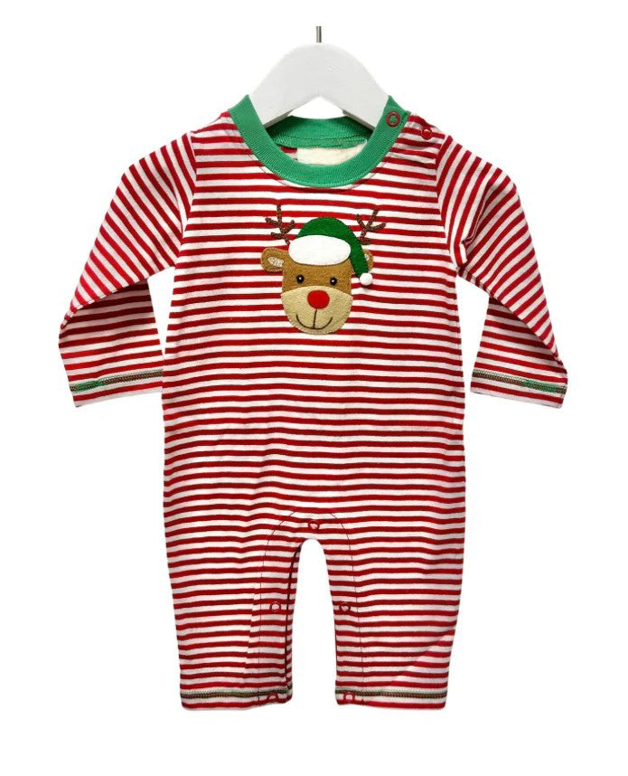 (Pre-order)LR1488 Deer Red Stripes Print Baby Boys Christmas Sleeper Zipper Romper