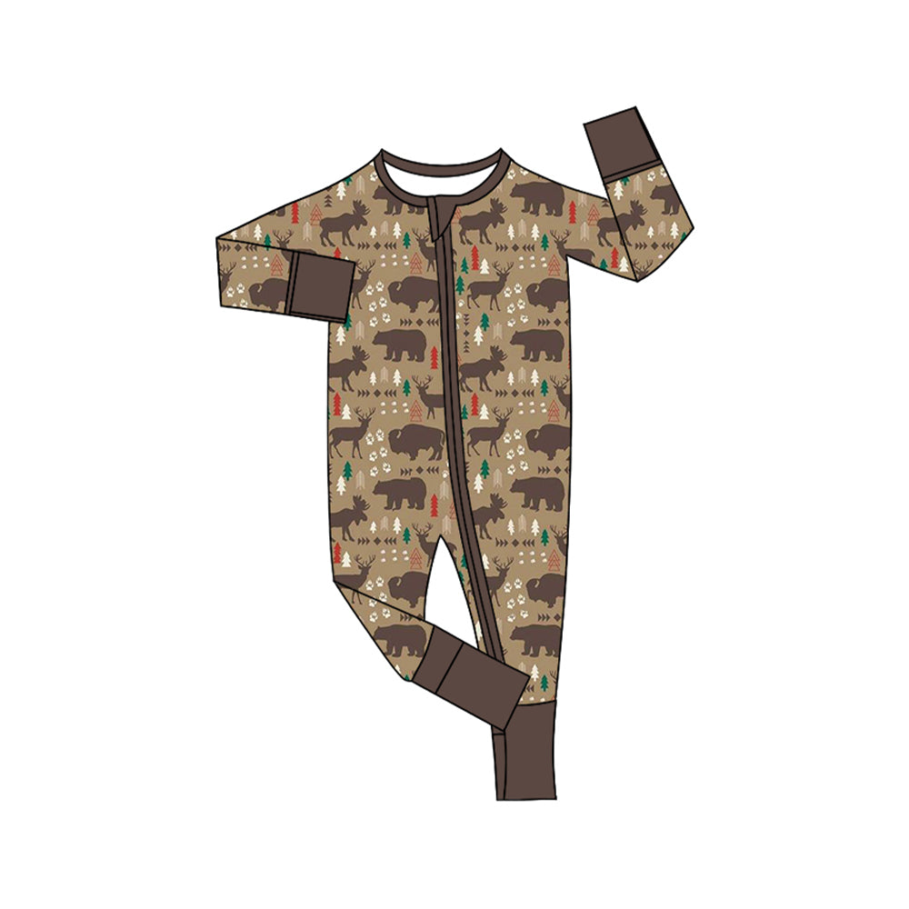 (Pre-order)LR1489 Cow Bear Deer Brown Print Baby Fall Sleeper Zipper Romper