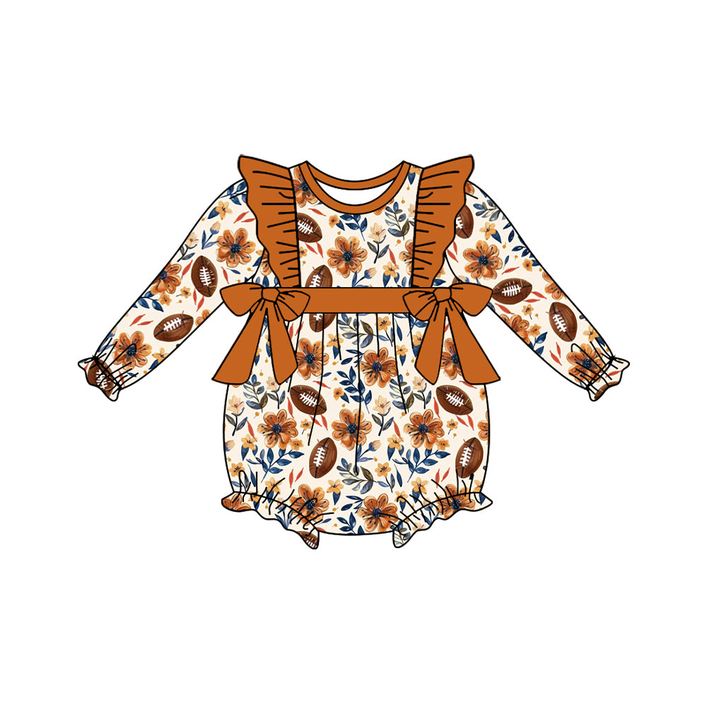 (Pre-order)LR1490 Football Flowers Print Baby Girls Fall Romper