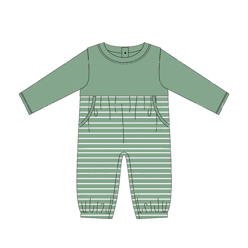 (Pre-order)LR1493 Green Stripes Print Baby Boys Fall Romper