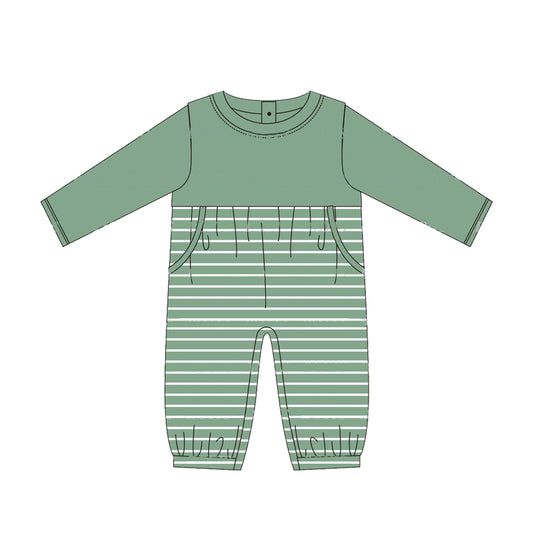 (Pre-order)LR1493 Green Stripes Print Baby Boys Fall Romper