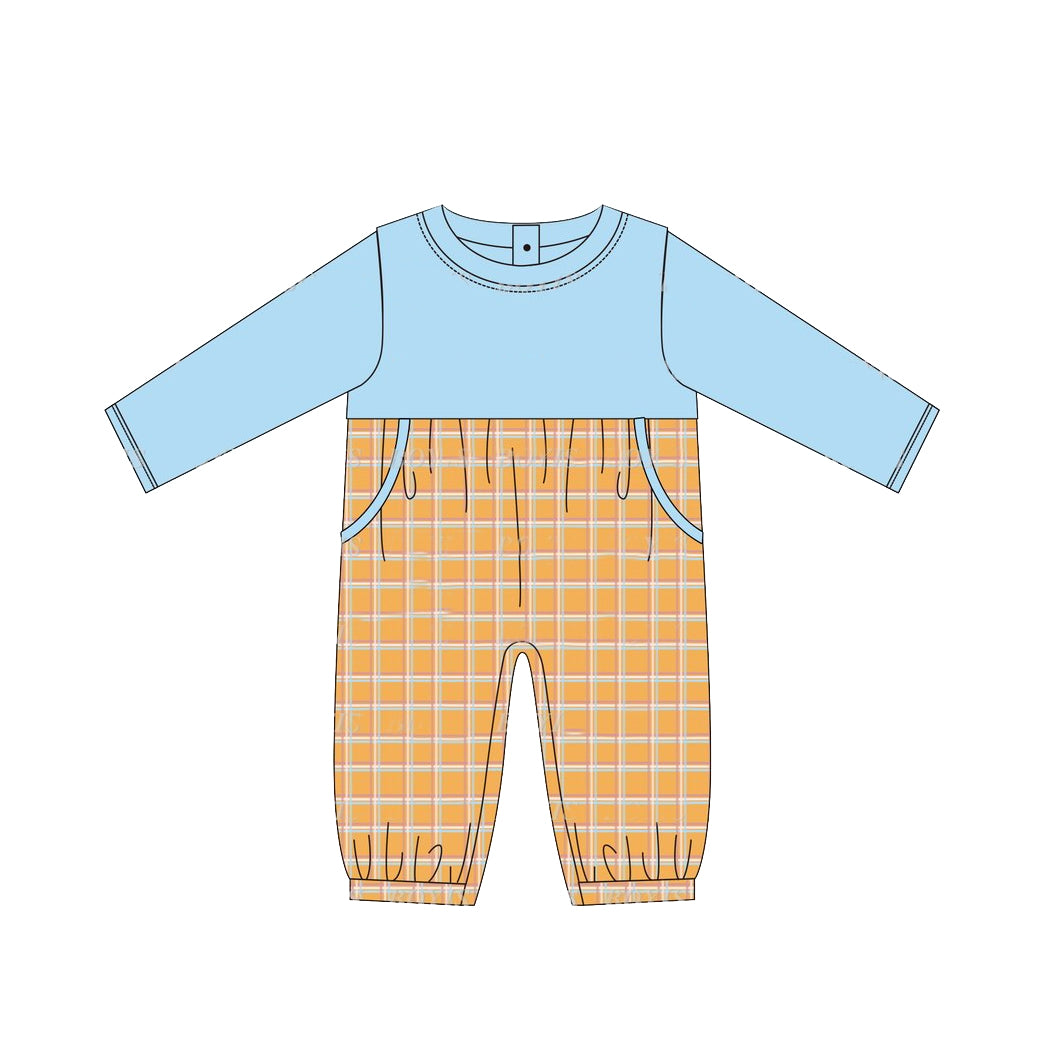 (Pre-order)LR1495 Blue Color Orange Plaid Print Baby Boys Fall Romper