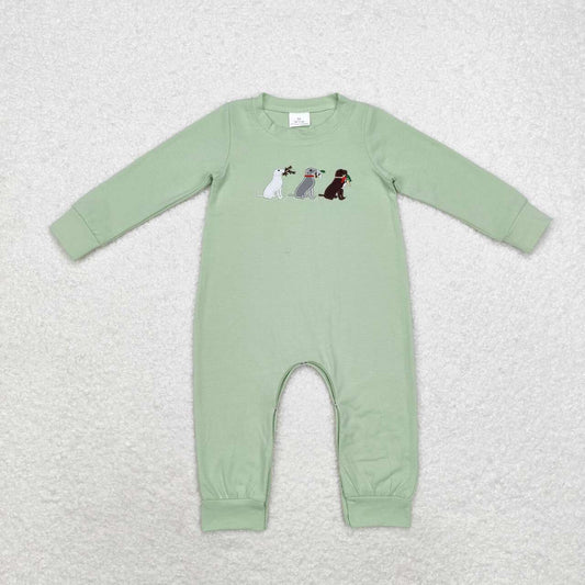 LR1496 Dog Hunting Embroidery Green Print Baby Boys Fall Romper