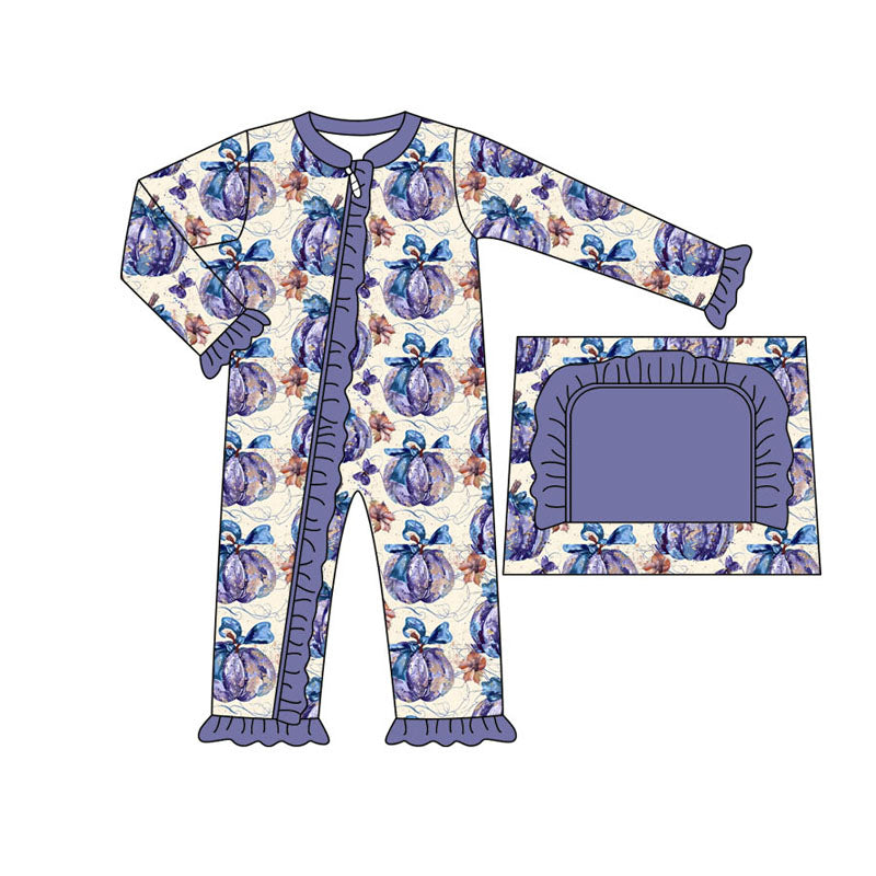 (Pre-order)LR1497 Purple Pumpkin Bows Print Baby Girls Fall Sleeper Zipper Romper