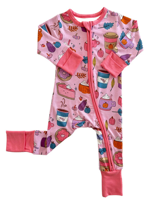 (Pre-order)LR1499 Pumpkin Pie Coffee Pink Print Baby Girls Fall Sleeper Zipper Romper