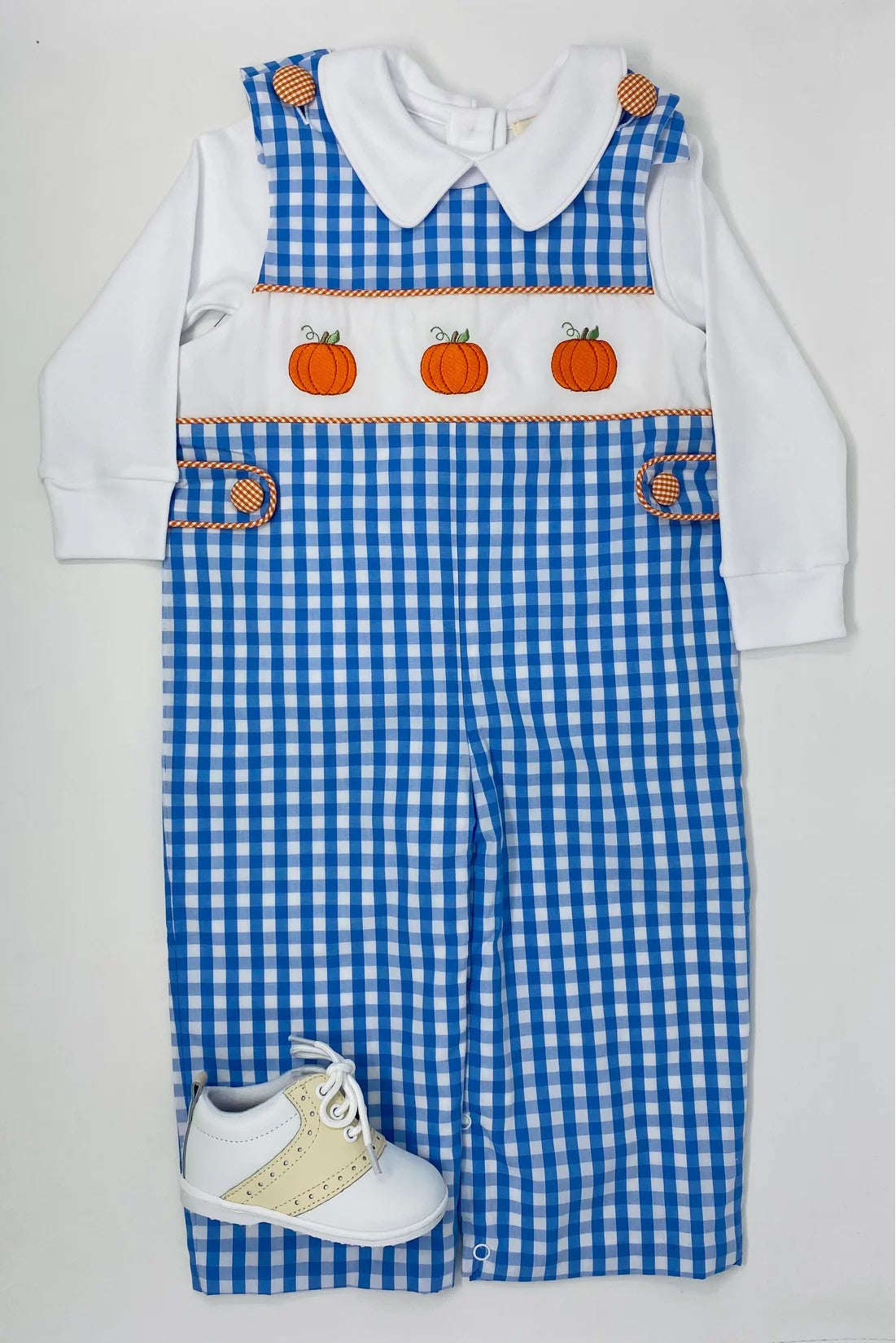 (Pre-order)LR1501 White Top Pumpkin Blue Plaid Romper Baby Boys Fall 2 Pieces Clothes Set