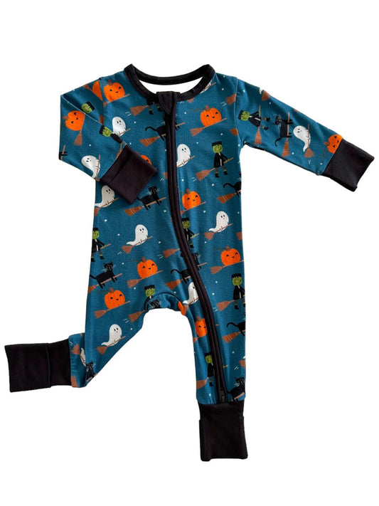 (Pre-order)LR1503 Pumpkin Cat Witch Blue Print Baby Boys Halloween Sleeper Zipper Romper