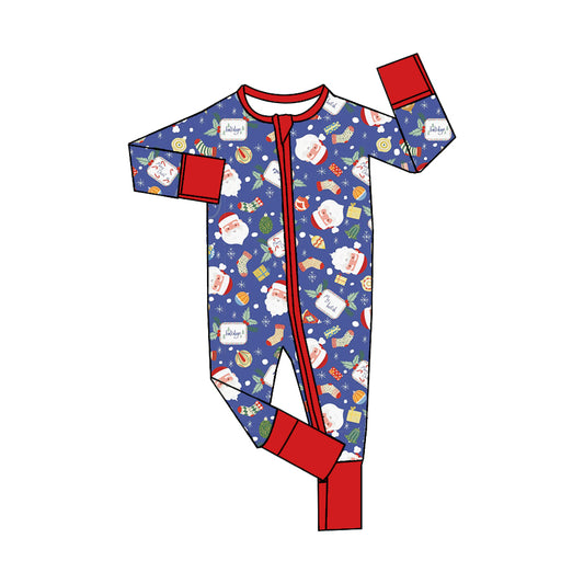 (Pre-order)LR1506 Santa Holly Print Baby Christmas Sleeper Zipper Romper