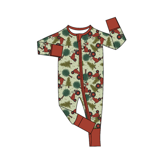 (Pre-order)LR1507 Tractors Tree Print Baby Christmas Sleeper Zipper Romper