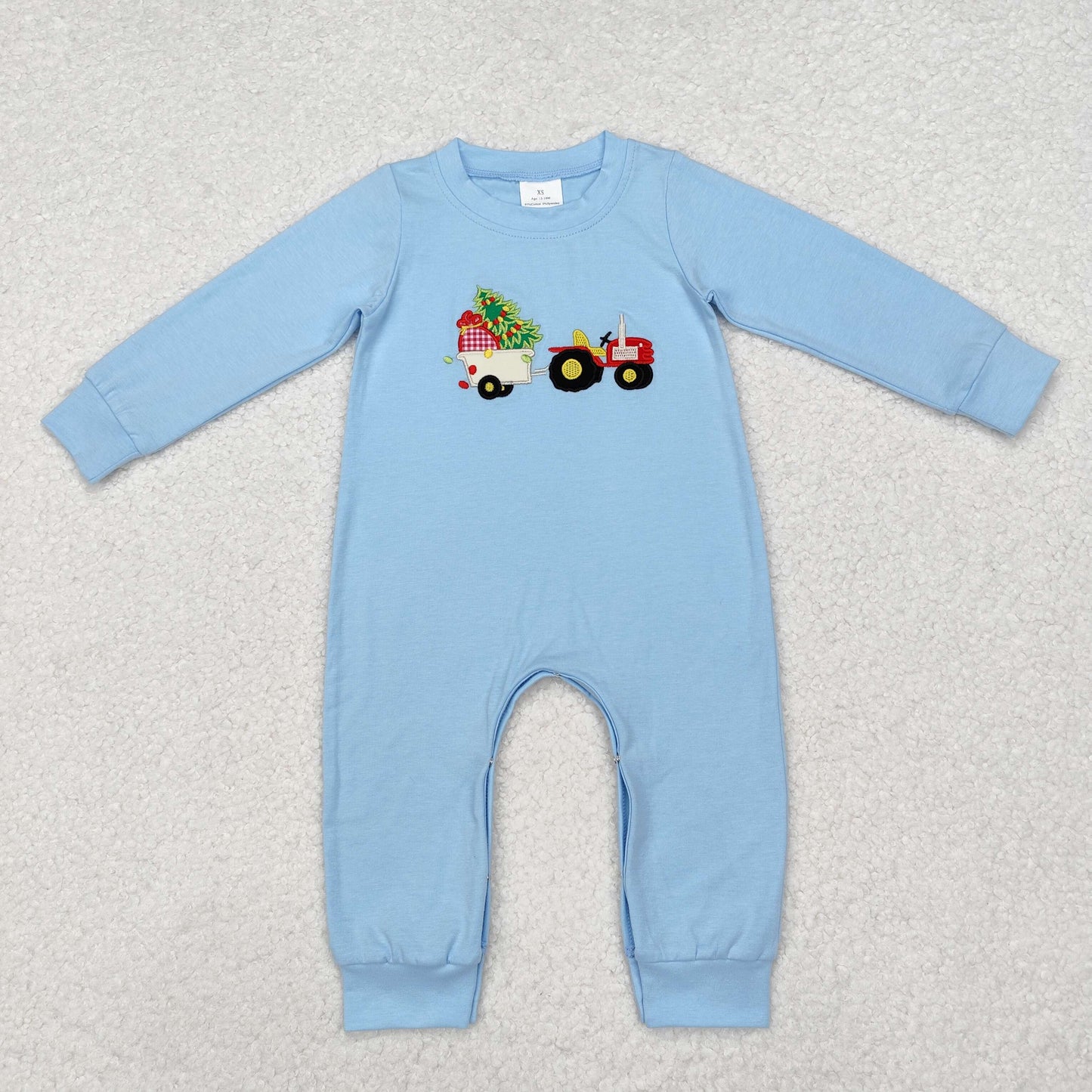 LR1508 Tractors Tree Embroidery Blue Baby Boys Christmas Romper